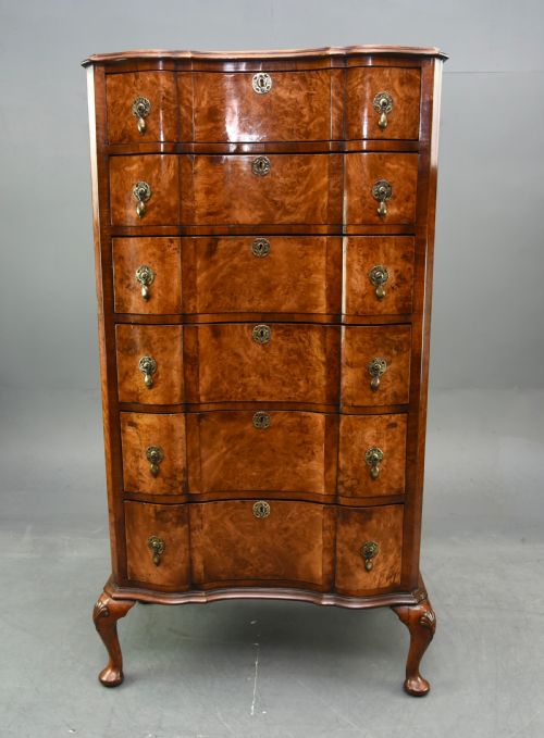 Bur Walnut  Queen Anne Style Tall Boy Chest of Drawers