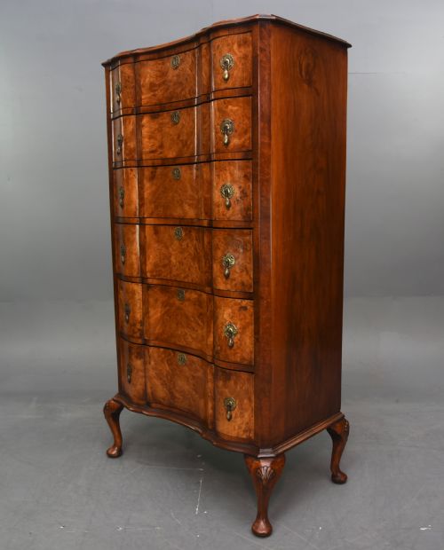 fig 1. Bur walnut Queen Anne style tall boy chest of drawers