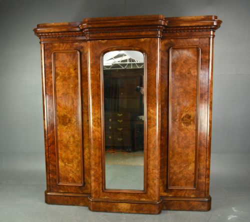 Victorian Burr Walnut Breakfront Compactum Triple Wardrobe