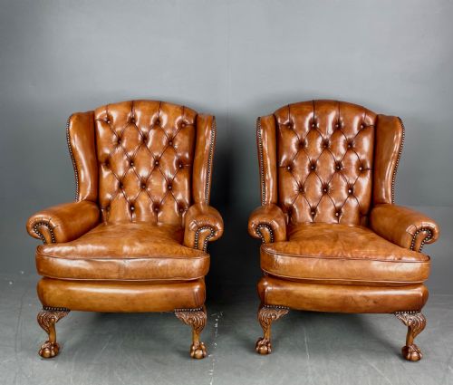 Antique Pair of Leather Wing Chairs