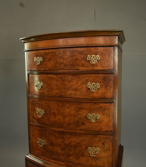 fig 1. Antique walnut bow front chest of drawers tall boy