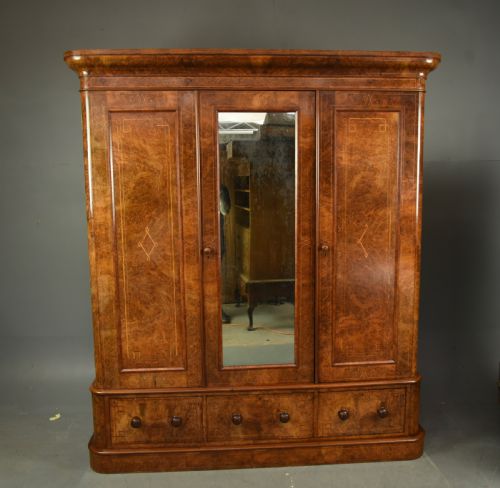 Victorian Burr Walnut Triple Wardrobe