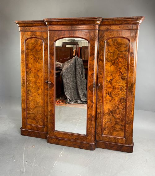 Victorian Burr Walnut Breakfront Triple Door Wardrobe