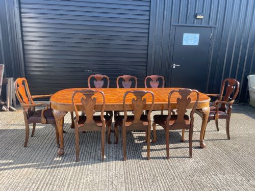 Burr Walnut Queen Anne Style Dining Table and Eight Chairs