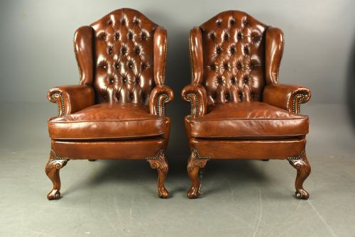 Large Pair of Leather Wing Chairs