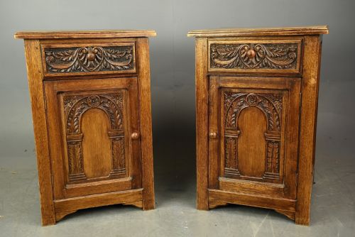 Pair of Carved Oak Bedside Cabinets