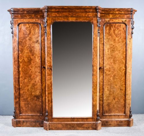 Victorian Burr Walnut Breakfront Triple Wardrobe