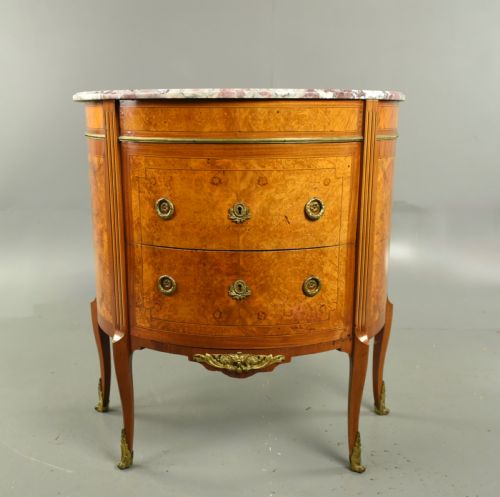 Walnut Marble Top Demi Lune Side Cabinet