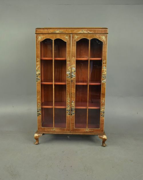 Walnut Chinoiserie Glazed Bookcase Cabinet
