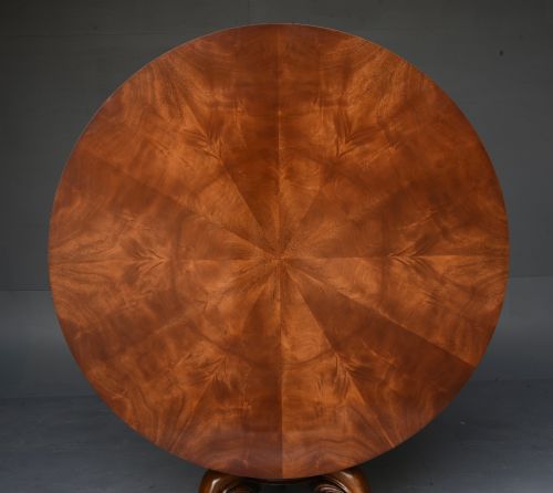 fig 1. A nineteenth-century circular mahogany tilt-top table with radial flame mahogany veneering set on a carved tripod base with scroll feet.