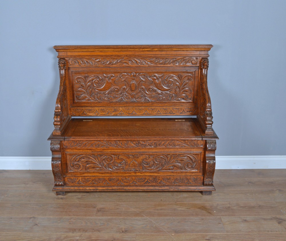 Antique carved oak box settle hall bench 