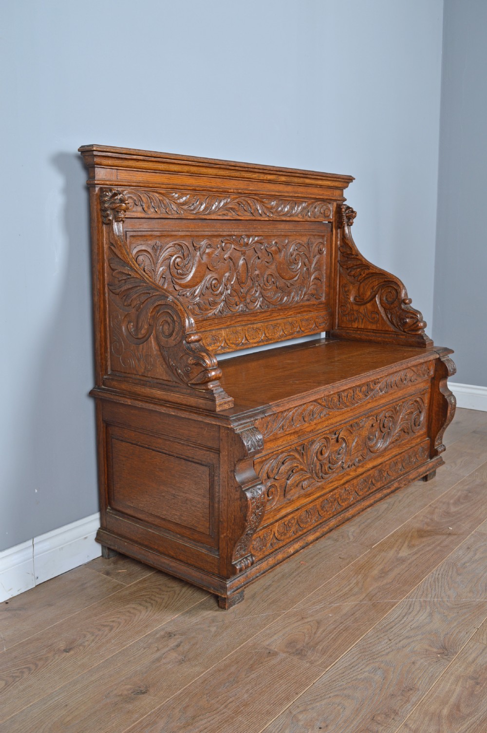 Antique carved oak box settle hall bench  View II