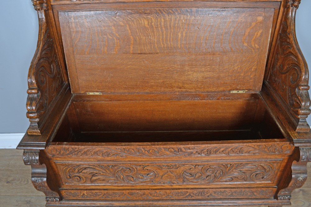 Antique carved oak box settle hall bench  View III