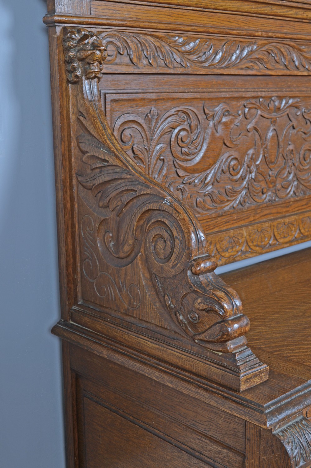 Antique carved oak box settle hall bench  View V