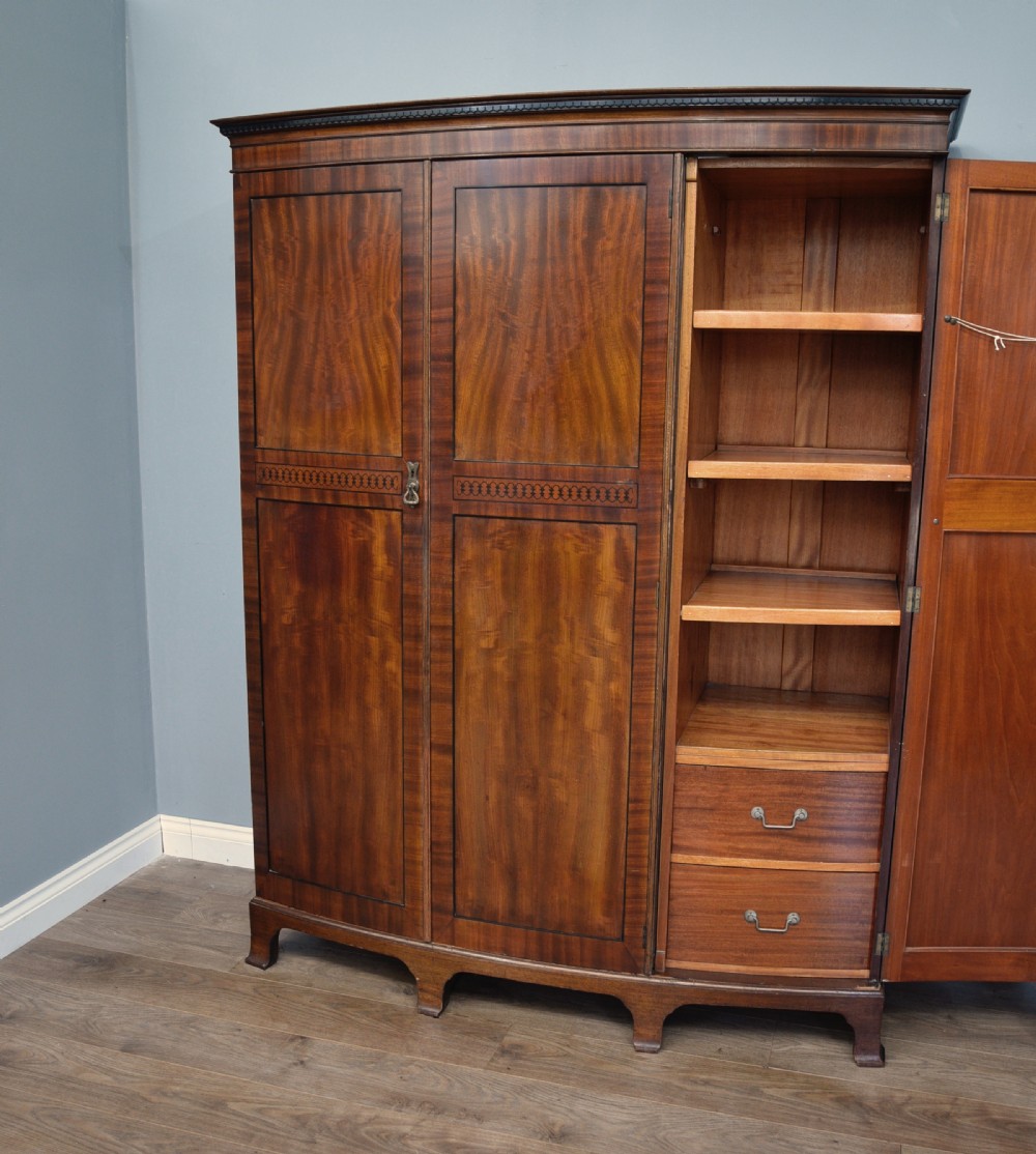 Edwardian mahogany bow front triple wardrobe  View III