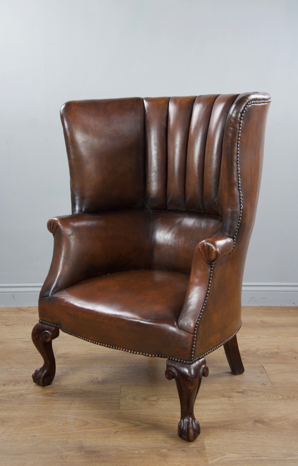 Antique 19th century leather barrel back porters wing chair  View II