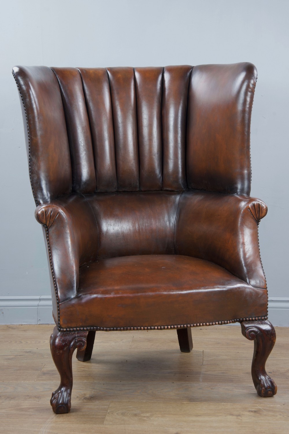 Antique 19th century leather barrel back porters wing chair  View III