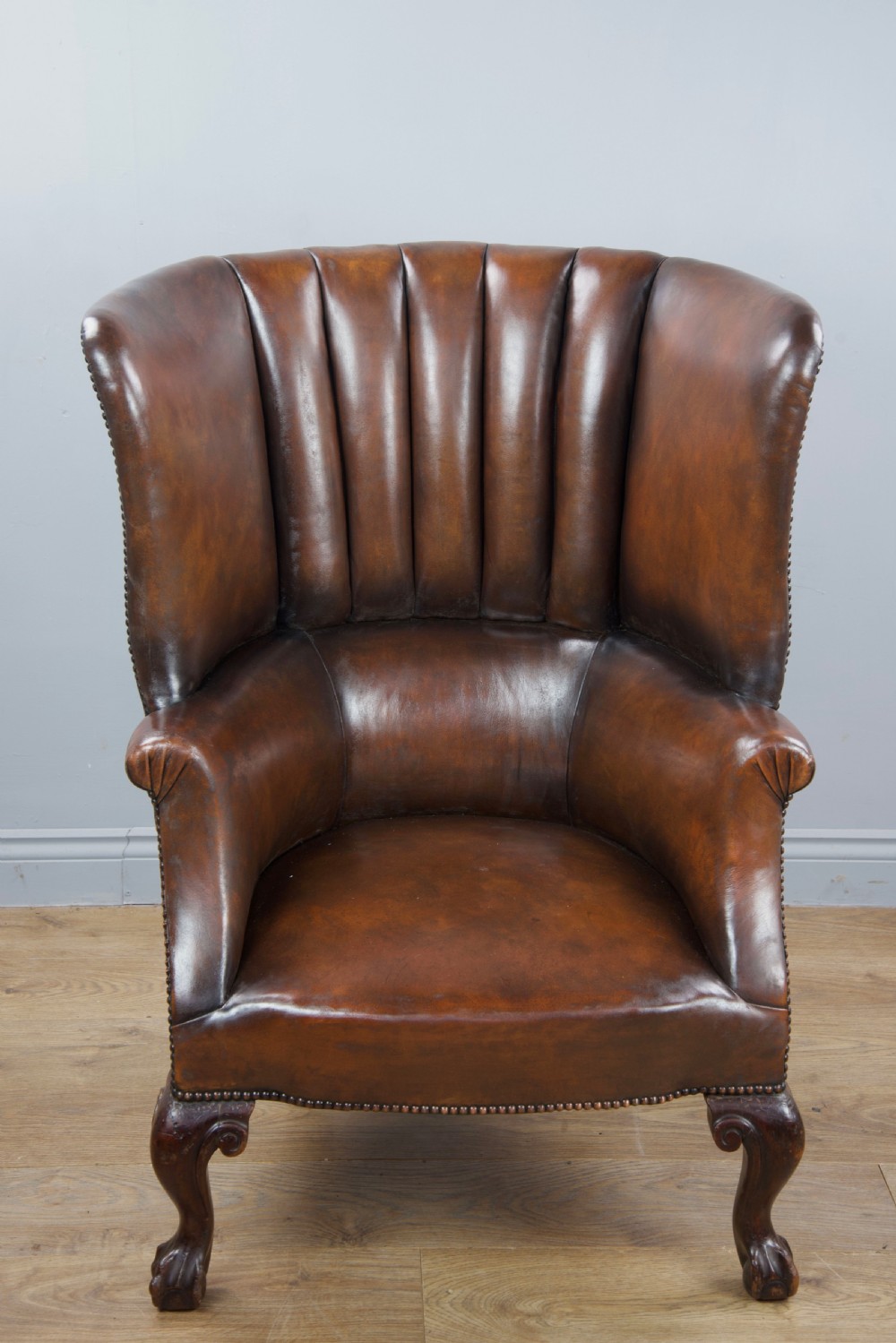 Antique 19th century leather barrel back porters wing chair  View IV