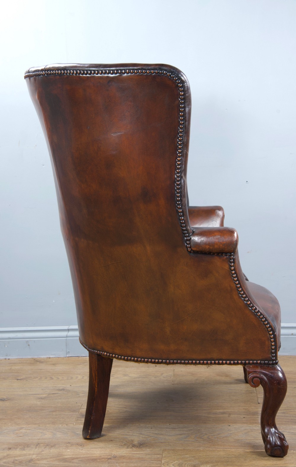 Antique 19th century leather barrel back porters wing chair  View V