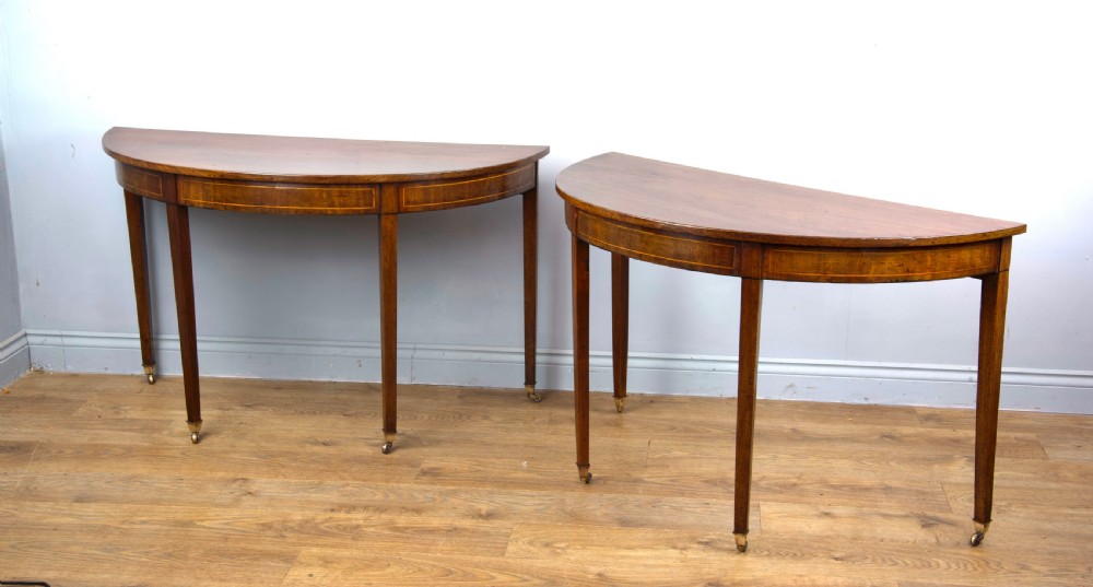 Pair of Antique Georgian mahogany Demi lune console tables  View II