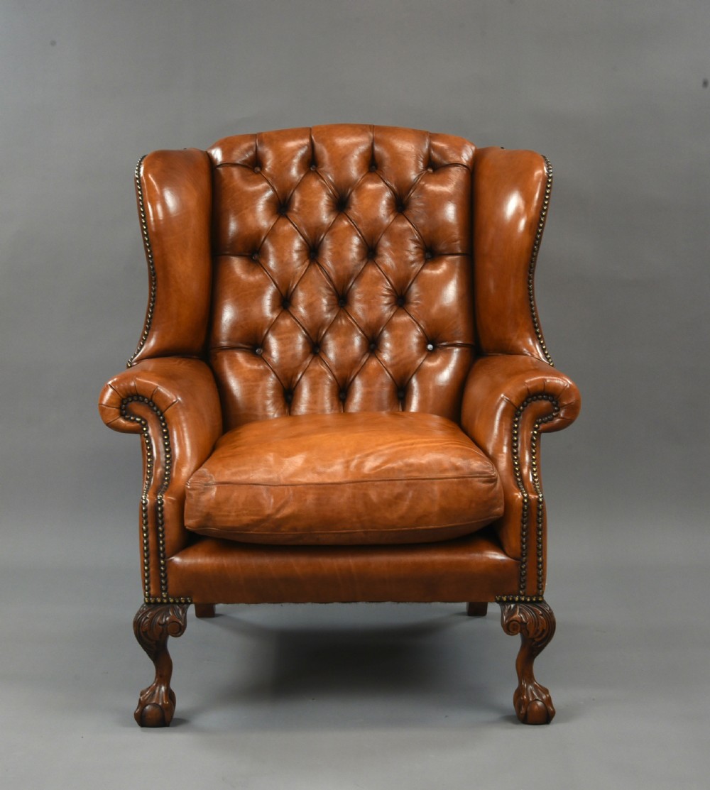 Large Antique leather wing chair  View II