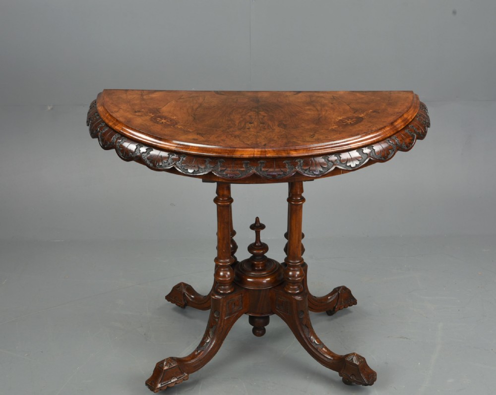 Victorian burr walnut Demi lune card table 
