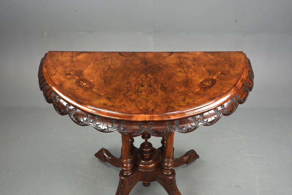Victorian burr walnut Demi lune card table  View II