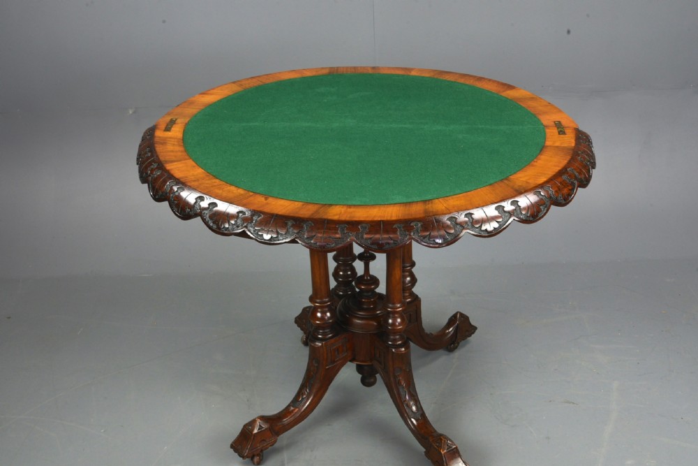 Victorian burr walnut Demi lune card table  View III