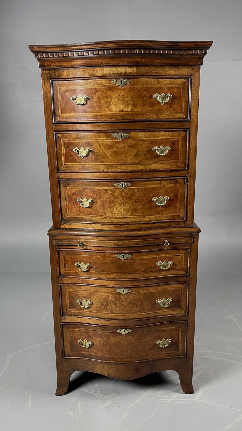 antique burr walnut serpentine chest on chest 