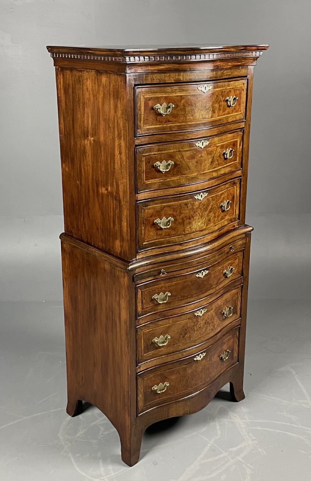antique burr walnut serpentine chest on chest  View II