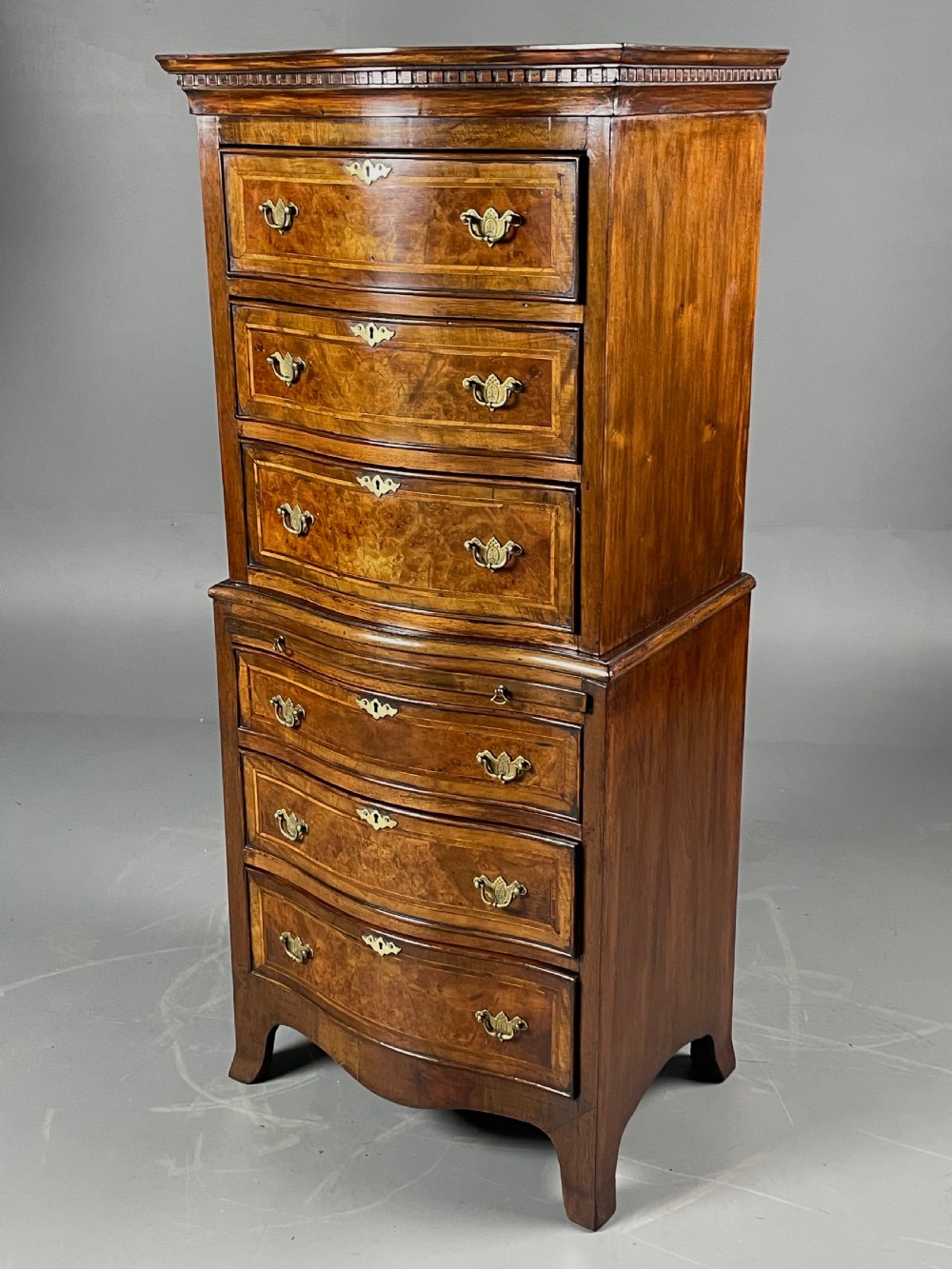 antique burr walnut serpentine chest on chest  View III