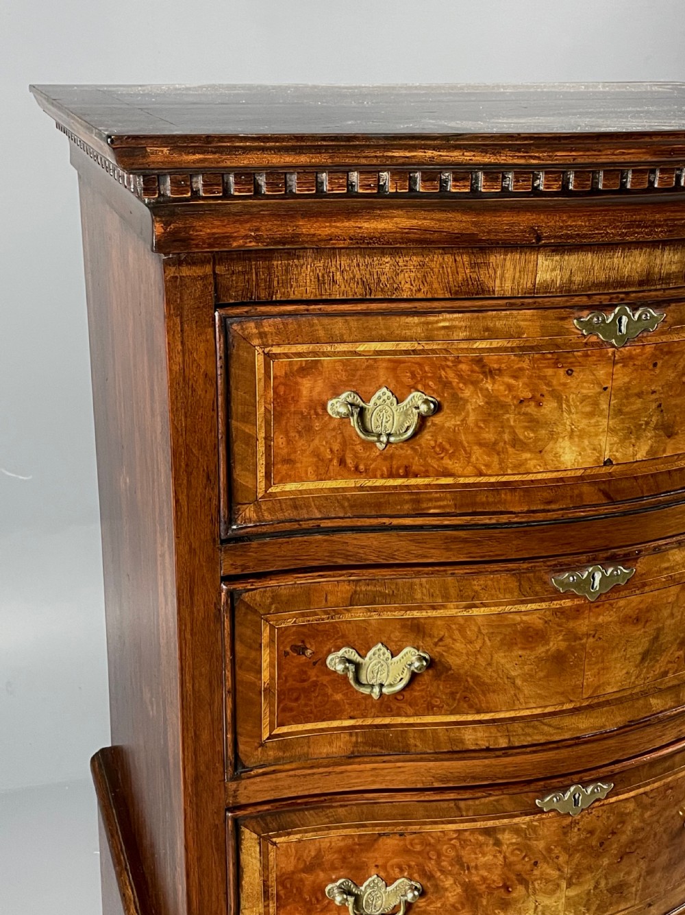 antique burr walnut serpentine chest on chest  View IV