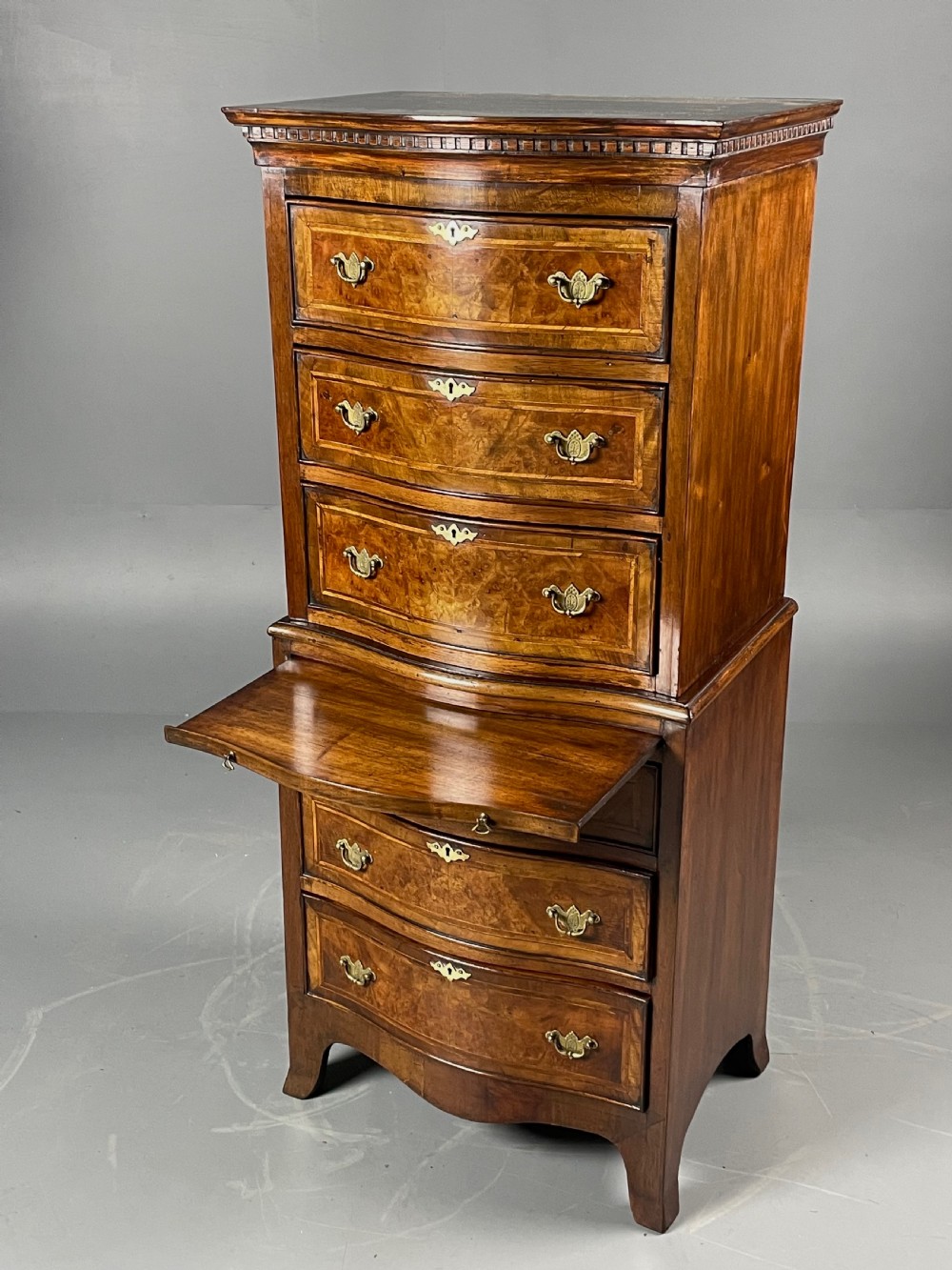 antique burr walnut serpentine chest on chest  View V