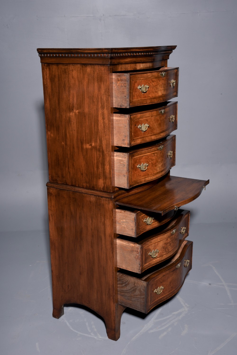 antique burr walnut serpentine chest on chest  View VI
