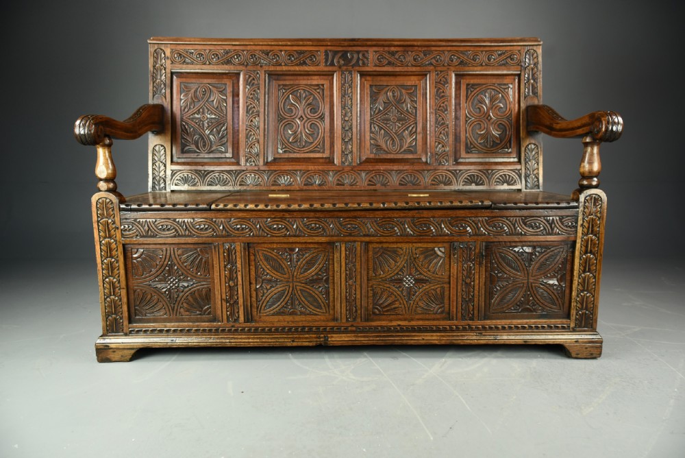 carved oak hall bench box settle 