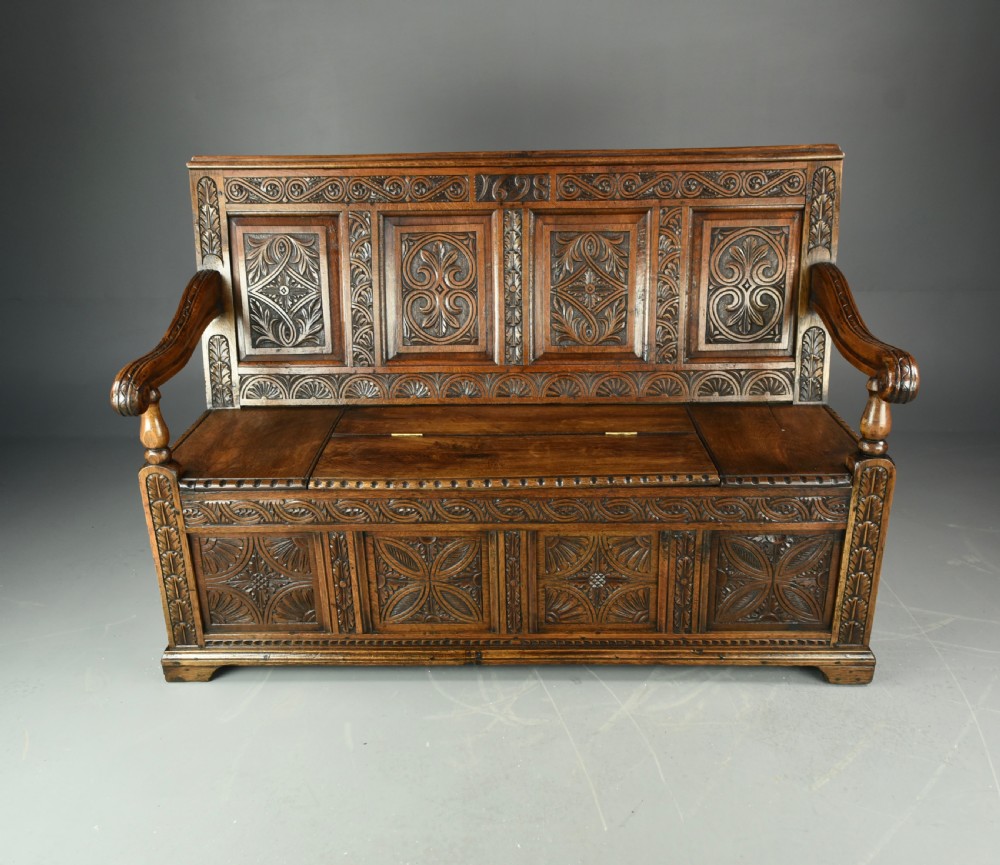 carved oak hall bench box settle  View II