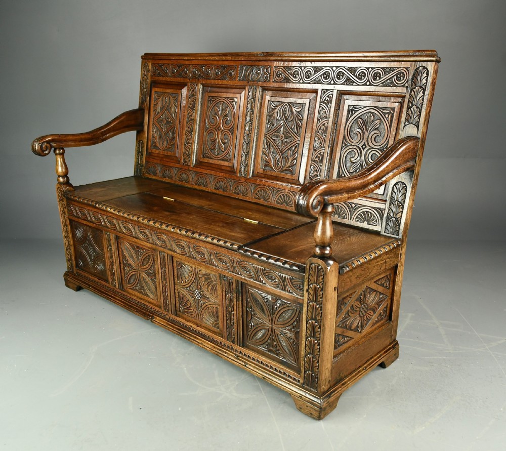 carved oak hall bench box settle  View III