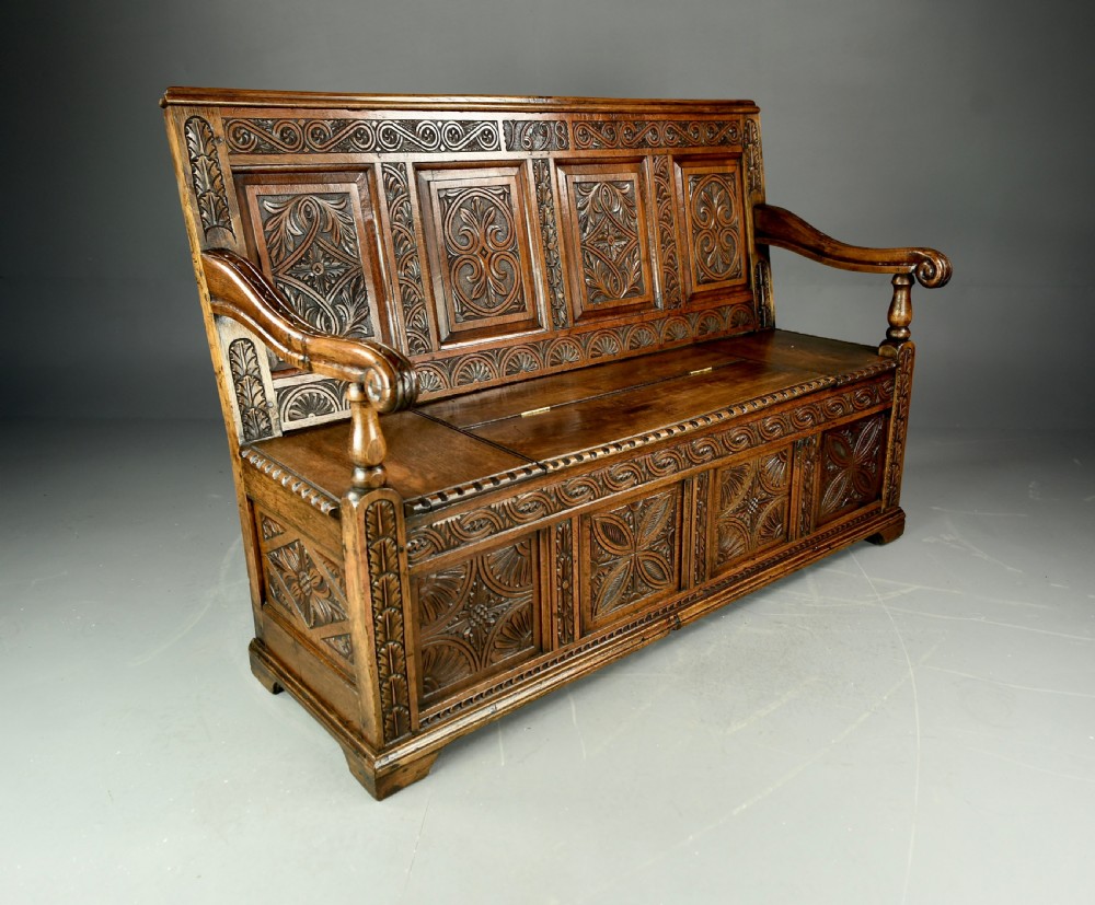 carved oak hall bench box settle  View IV
