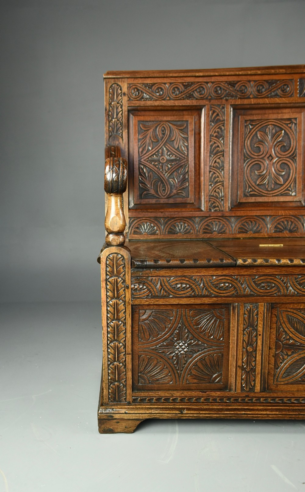 carved oak hall bench box settle  View V