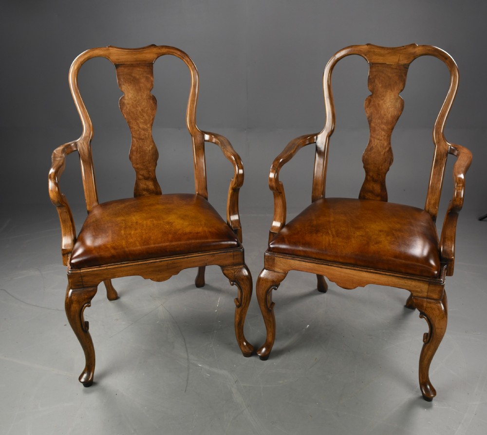 fine pair of Queen Anne style  walnut open arm chairs 