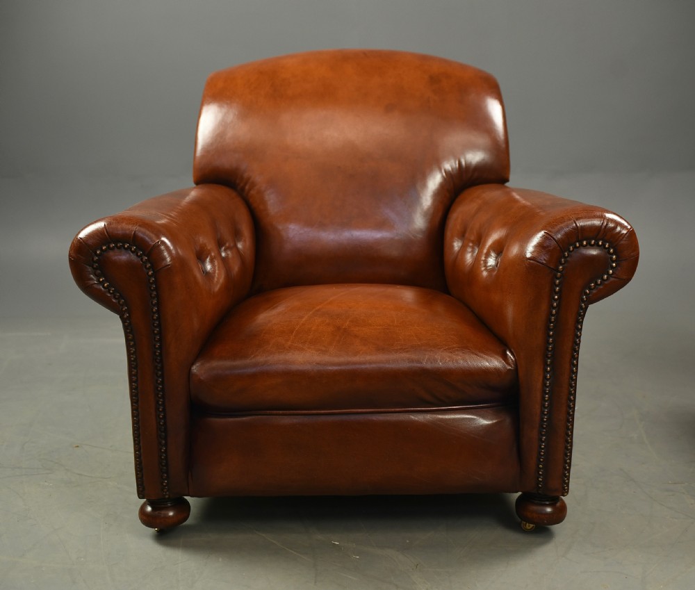 pair of Edwardian leather club arm chairs  View V