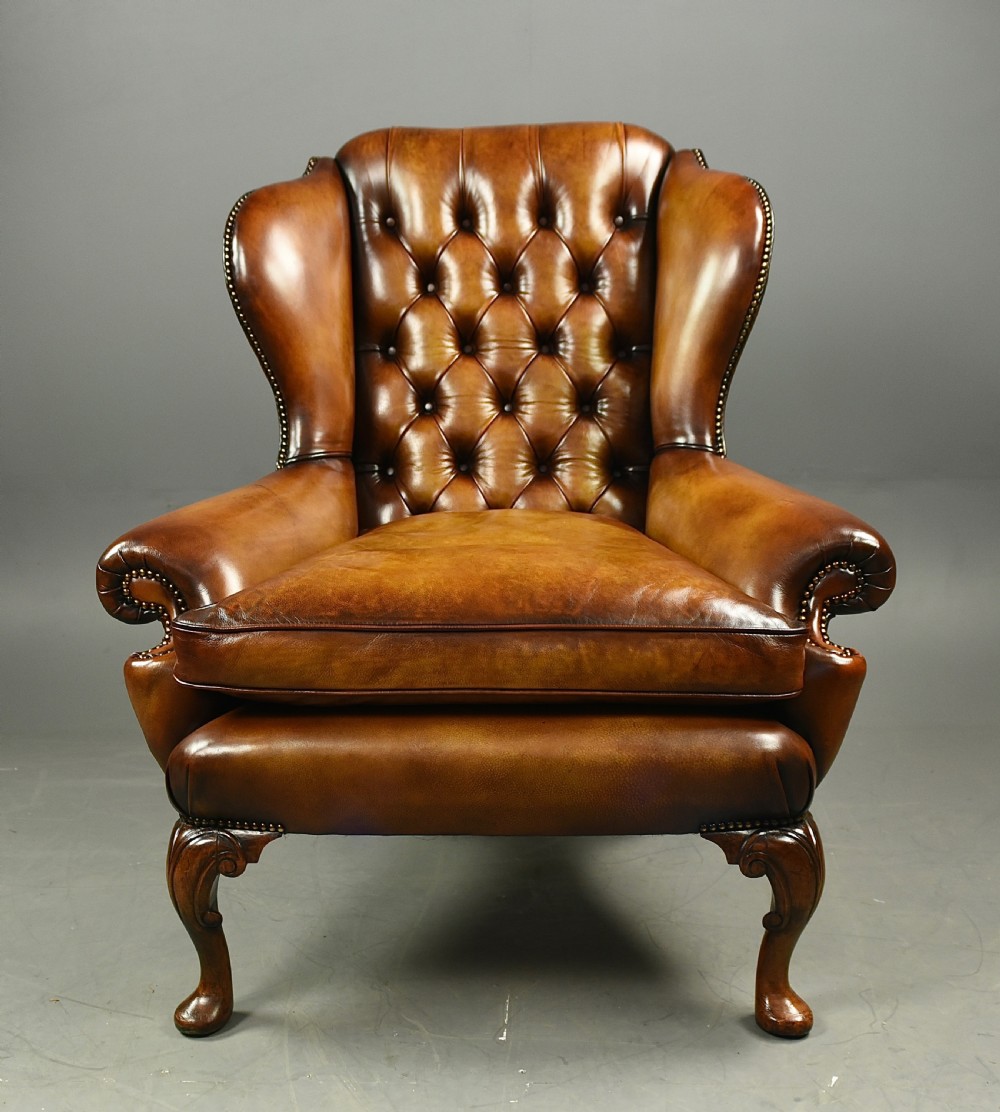 Antique Queen Anne style leather wing chair  View II