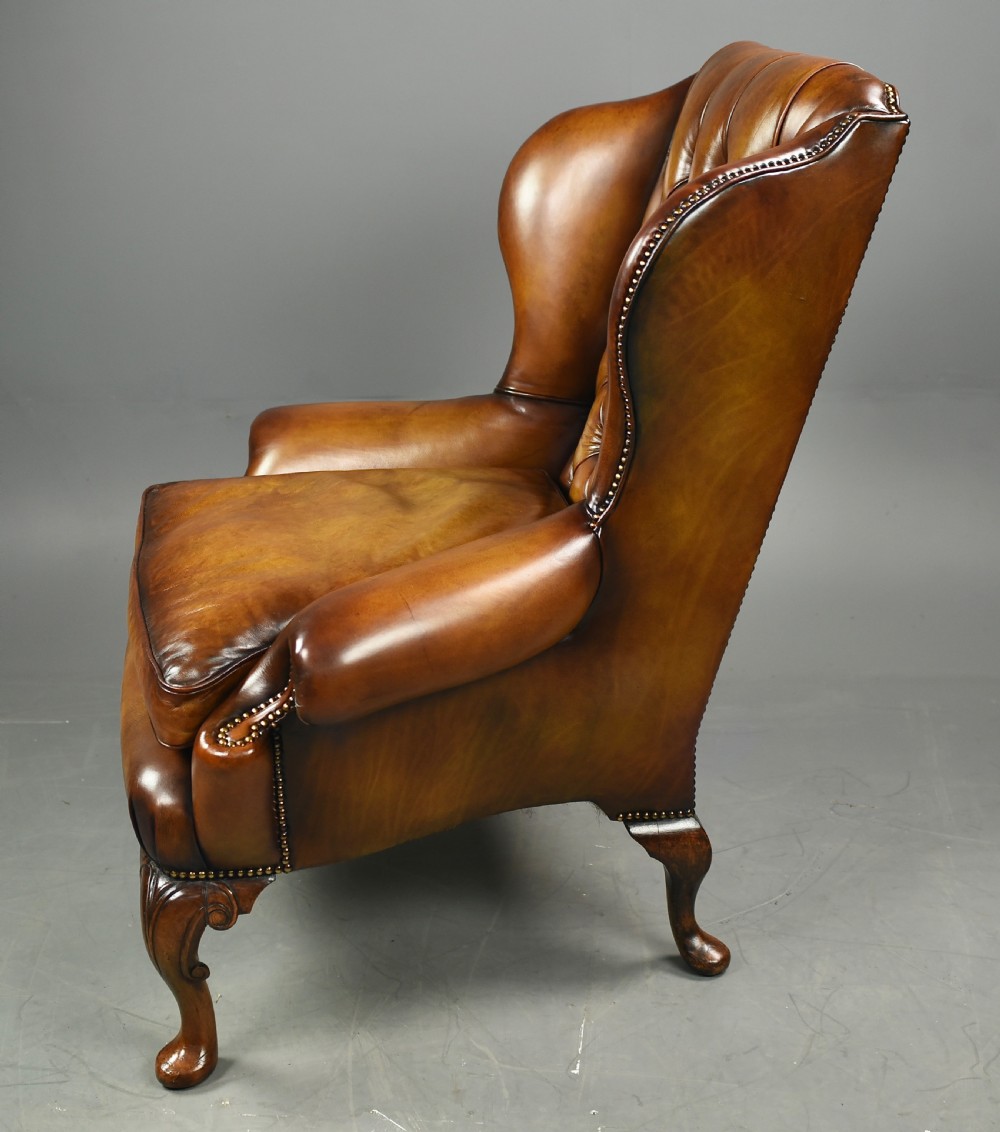 Antique Queen Anne style leather wing chair  View III
