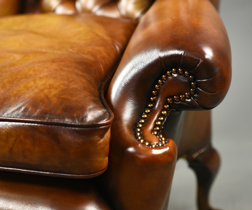 Antique Queen Anne style leather wing chair  View V