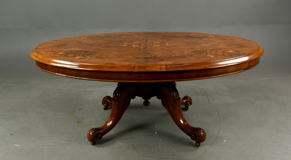 Victorian Burr walnut oval coffee table  View II