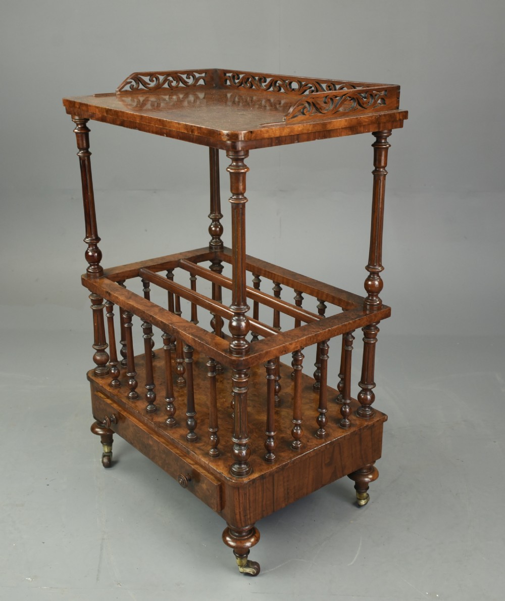 Victorian burr walnut Canterbury whatnot View II