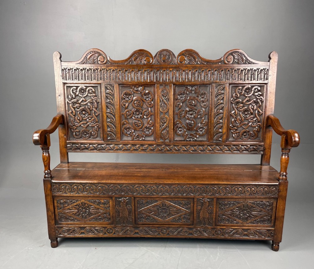 Victorian carved oak hall bench 