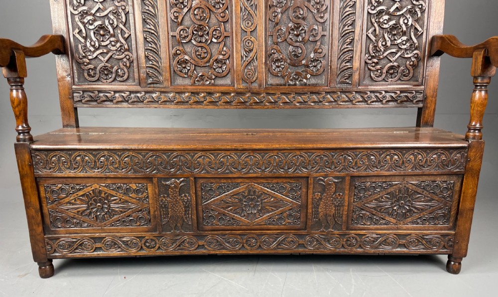 Victorian carved oak hall bench  View VI