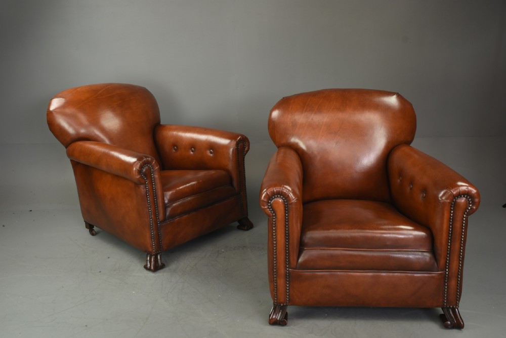 Antique pair of leather club chairs  View II