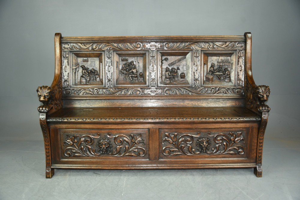 Large carved oak hall bench settle 